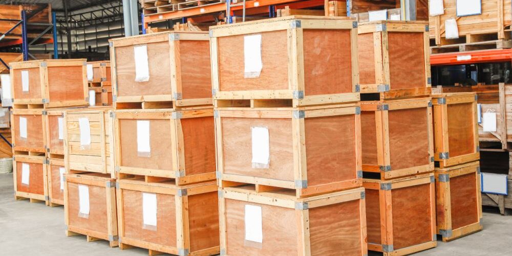 wooden case stack in warehouse
