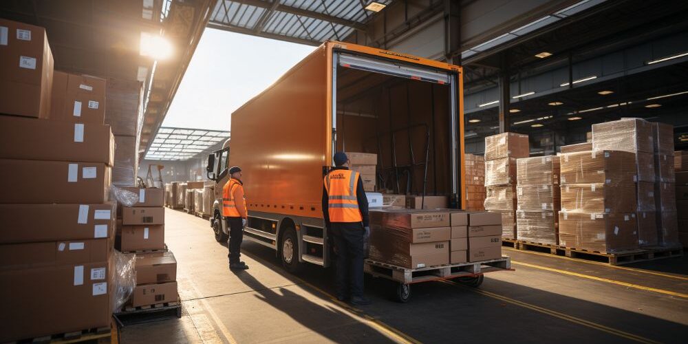 workers loading boxes into a delivery truck in a logistics warehouse