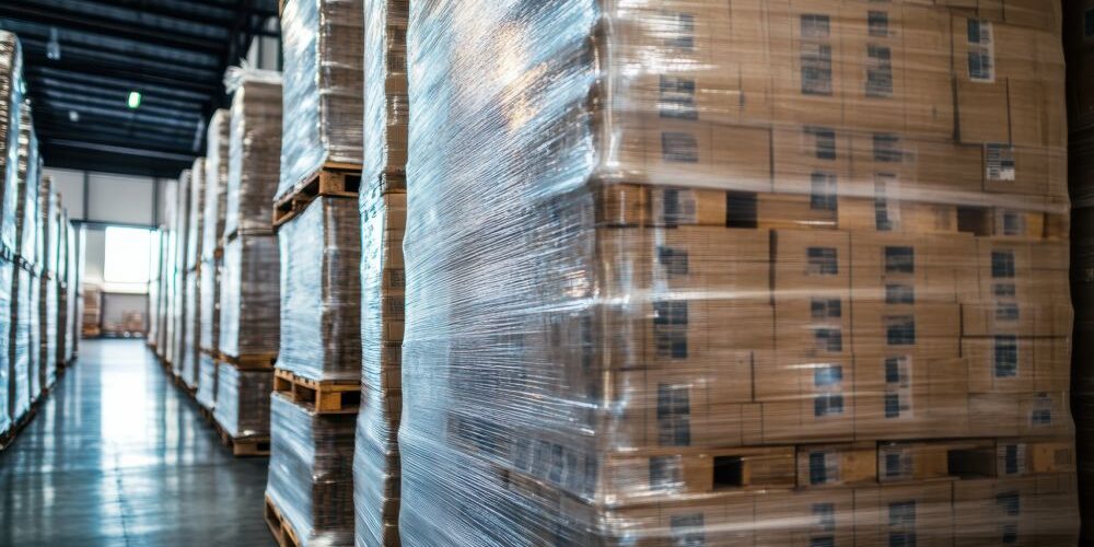 Stacks of pallets wrapped in plastic in a warehouse.